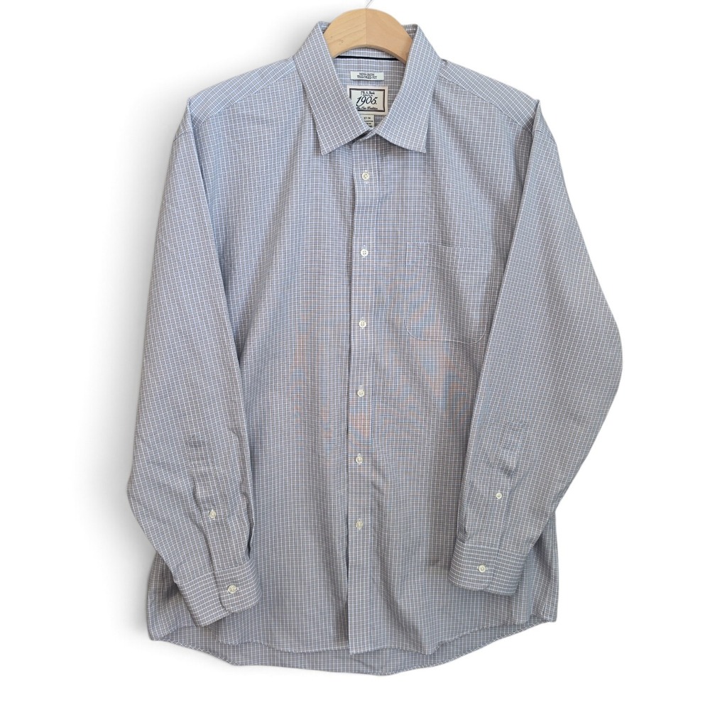 Jos A Bank 1905 Dress Shirt Mens 17 34 Blue Tan Plaid Check Non Iron Tailored